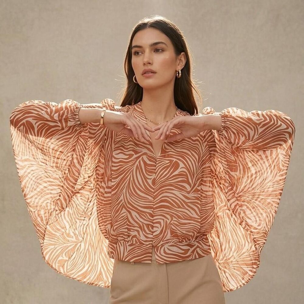 LASCANA Zebra Print Pleated Blouse Medium avant-garde pleated wide flowy sleeves